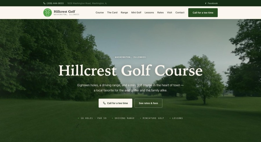 The Hillcrest Golf Course homepage — a tree-lined fairway behind the headline Hillcrest Golf Course.